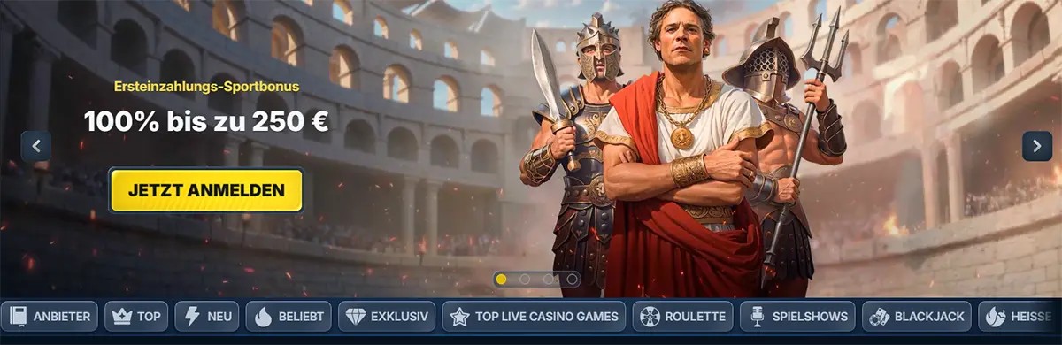 German BetRepublic homepage banner advertising “Ersteinzahlungs-Sportbonus 100% bis zu 250 €” with a yellow “Jetzt anmelden” button, set in a Roman colosseum scene with gladiator characters and navigation tabs below (Anbieter, Top, Neu, Beliebt, Exklusiv, Roulette, Spielshows, Blackjack).