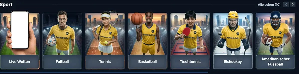 German sports carousel on BetRepublic showing category tiles for Live Wetten, Fußball, Tennis, Basketball, Tischtennis, Eishockey, and Amerikanischer Fussball, each with an athlete in a yellow jersey, plus an “Alle sehen (10)” link.